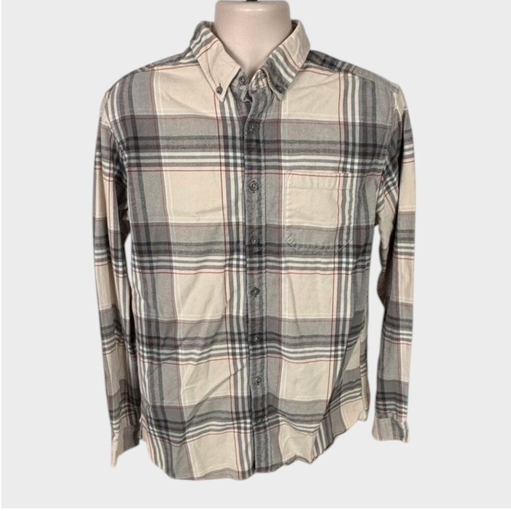 Eddie Bauer Classic Fit Large Tall Plaid Button Front Shirt Beige Gray